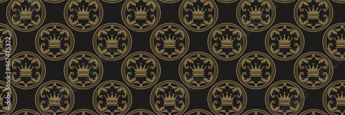 Beautiful background image in royal style with golden elements on black background for your design. Seamless background for wallpaper, textures.