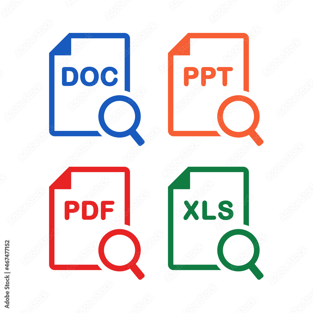 Search file doument doc,ppt,pdf, xls. Document paper and magnifying glass icon. Illustration vector