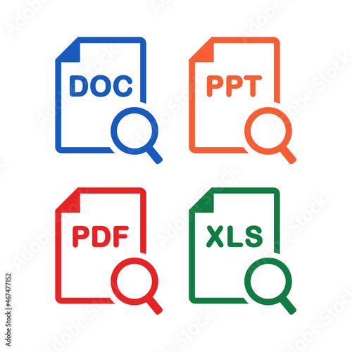 Search file doument doc,ppt,pdf, xls. Document paper and magnifying glass icon. Illustration vector