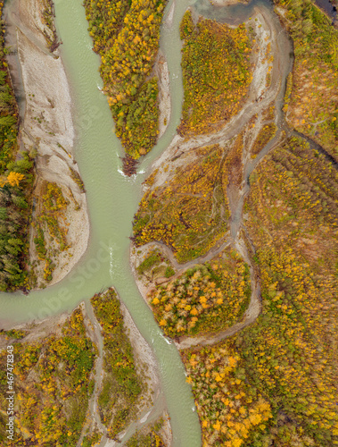 Aerial view of the Vedder Crossing in fall color in Chilliwack city, where the Vedder River changes its name to Chilliwack River, British Columbia, Canada photo