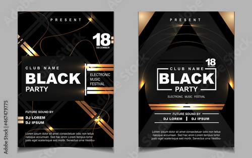 Cover music poster flyer design template background with layout gold glitters color on dark style. Light electro vector for event festival concert, dancing, disco, night club invitation