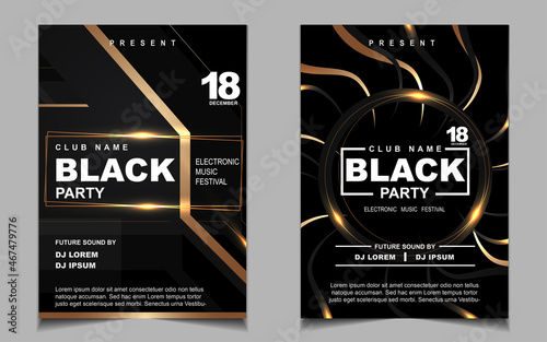 Cover music poster flyer design template background with layout gold glitters color on dark style. Light electro vector for event festival concert, dancing, disco, night club invitation