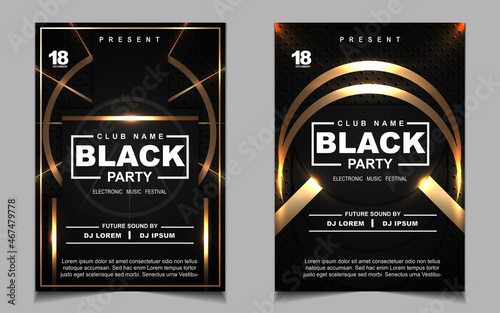 Cover music poster flyer design template background with layout gold glitters color on dark style. Light electro vector for event festival concert, dancing, disco, night club invitation