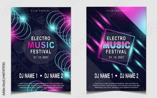 Cover music poster flyer design template background with layout colorful on dark blue glitters style. Light electro vector for event festival concert, dancing, disco, night club invitation