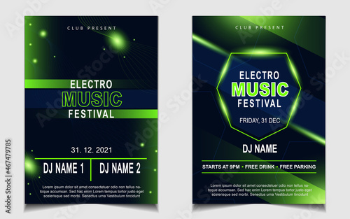Cover music poster flyer design template background with layout gradient color on dark glitters style. Light electro vector for event festival concert, dancing, disco, night club invitation