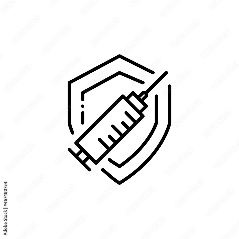 Vaccine protection symbol. Syringe on a shield. Pixel perfect, editable stroke icon