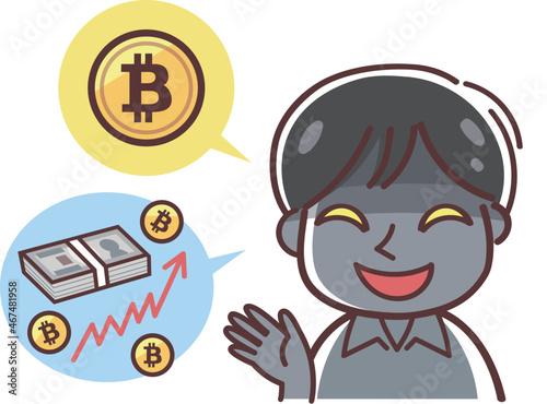 ビットコインの説明をする詐欺師のイラスト（ビットコイン詐欺・もうけ話・誘う）