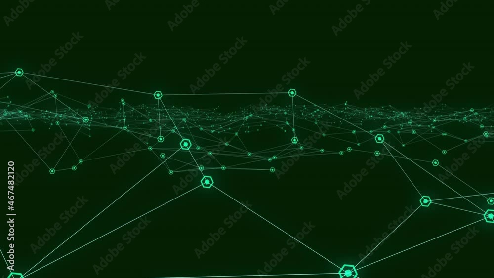 Animation of glowing green communication network floating on black background Animation of glowing green communication network floating on black background