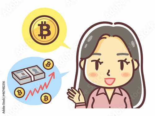 ビットコインの説明をする女性のイラスト（もちかける・誘う）