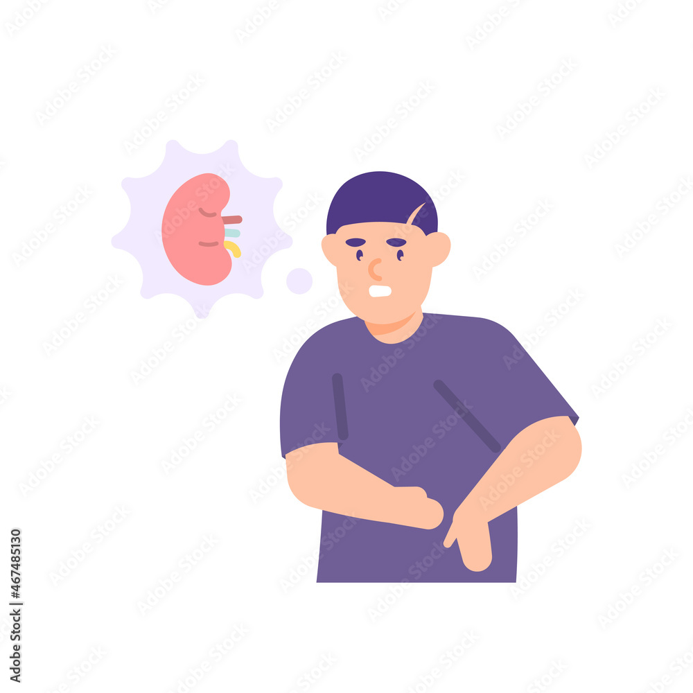 illustration of a man holding his waist because he feels pain in the stomach and also in the back of the body. suffering from kidney infection, kidney failure, low back pain, ulcers. flat cartoon illustration of a man holding his waist because he feels pain in the stomach and also in the back of the body. suffering from kidney infection, kidney failure, low back pain, ulcers. flat cartoon