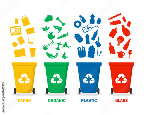 Bin type isolated on white background. vector illustration flat design. different colored trash bins. paper, organic, plastic and glass waste suitable for recycling. Waste management concept.