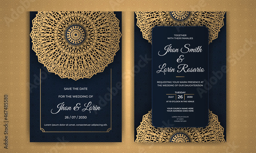 Royal blue wedding invitation card design with golden mandala and abstract pattern