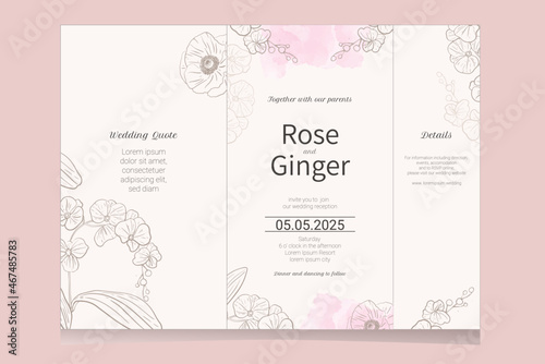 trifold invitation card, flter with orchid line drawing 