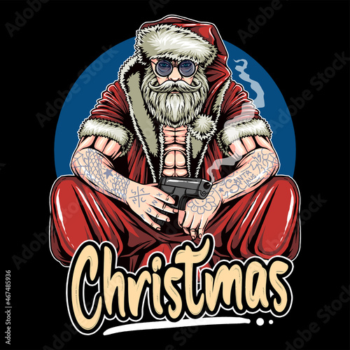 santa claus with a tattoo and carrying a gun looks like he's a gangster leader