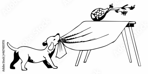 Vector isolated illustration of dog pulling off the tablecloth and vase falling down.Monochrome outlines,funny puppy ink sketch imitation for stickers,prints,book,design
