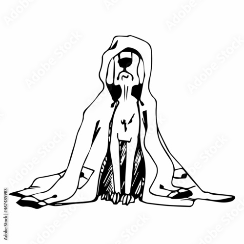 Vector illustration of dog wearing an oversize coat.Isolated charecter, ink outline imitation,monochrome design for books,print,web design,stickers
