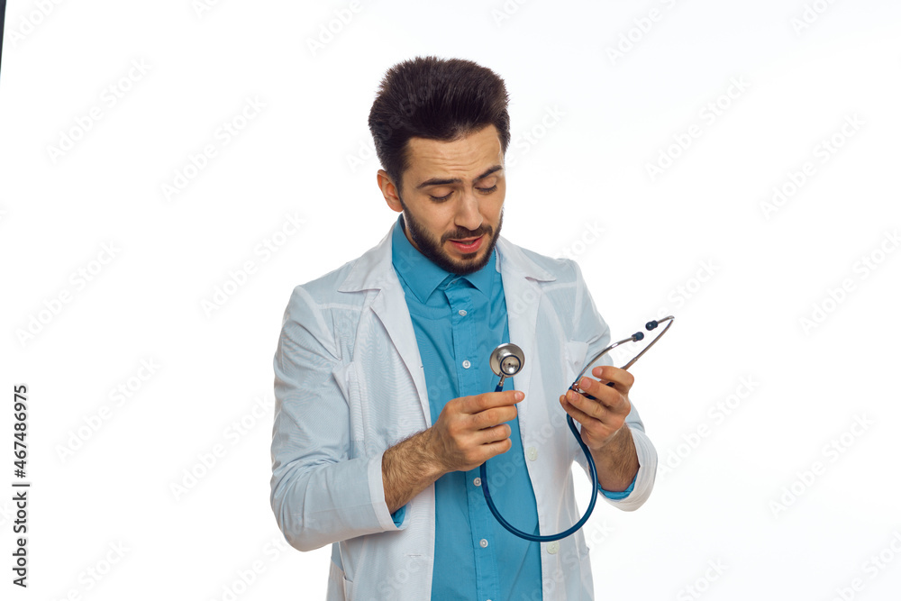 male doctor otoscope hospital treatment therapist light background male doctor otoscope hospital treatment therapist light background