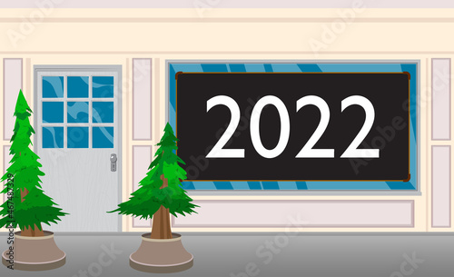 Number 2022 with front door background. Store, Restaurant or drink establishment front with poster. Future business career, New Year goals, goal concept.