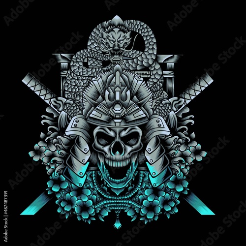Samurai Skull with dragon, sword, and sakura blossom
