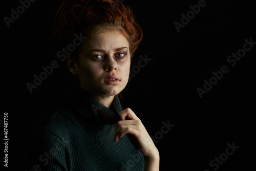 scared upset woman with bruises under eyes problems abuse depression