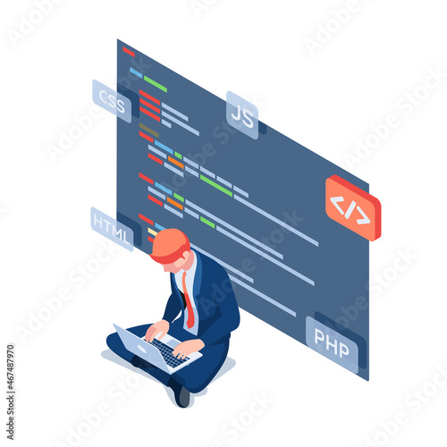 Isometric Businessman as a Programmer Working on Laptop to Coding