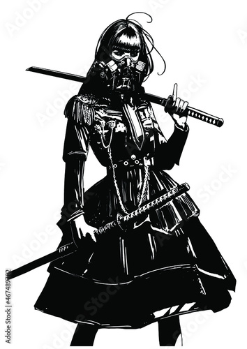 A creepy warrior girl with two katanas and a respirator mask on her face, she is dressed in a tinsel dress, her eyes glow ominously in the shadows, she has long black hair 2d black and white comic art