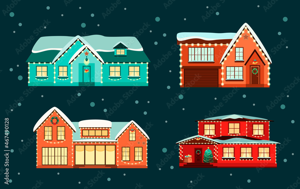 A set of decorated Christmas houses on a dark background. Flat design. Vector illustration.
