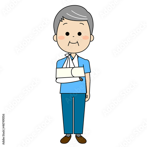 右手に三角巾をしている高齢男性