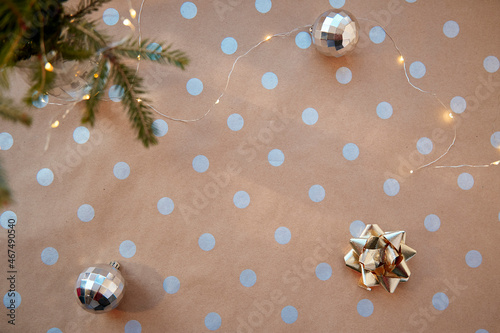 Christmas minimalist background with basic classic pattern, copy space. Trendy decorations with disco balls. Neutral beige festive card. Christmas atmosphere. Merry Christmas and home coziness concept photo