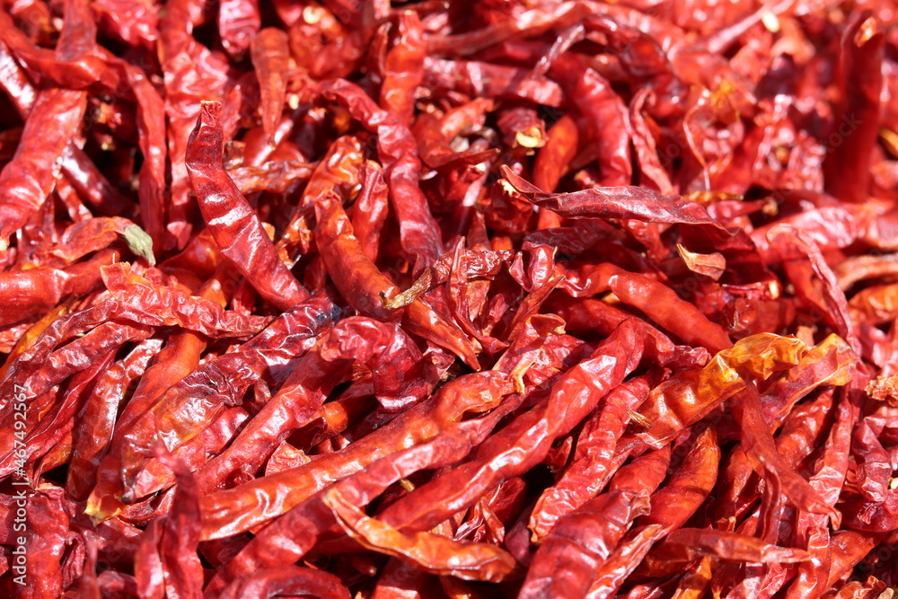 Dried red chillies in bamboo baskets, sun-dried outdoors. Dried red chillies in bamboo baskets, sun-dried outdoors.