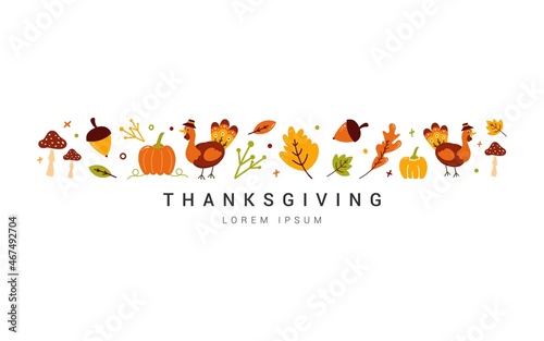 Happy Thanksgiving Day vector design for greeting cards  banner  postcard  invitation  party  poster on a textural background celebration. Autumn hand drawn vector vintage for holiday season.