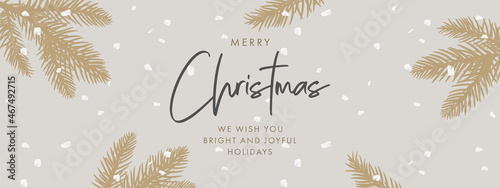 Merry Christmas and Happy New Year greeting card, horizontal poster, holiday cover, label or flyer template. Elegant Xmas design with hand drawn beautiful fir branches and brush painted falling snow