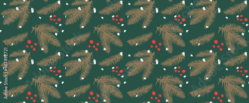 Merry Christmas and Happy New Year greeting card, paper, holiday cover. Elegant Xmas seamless pattern with hand drawn golden fir branches, brush painted red winter berry and falling snow on deep green