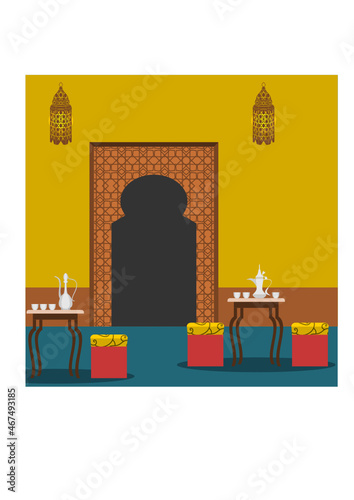 Editable Traditional Patterned Arabic Coffee Shop Interior Vector Illustration With Dallah Pot and Finjan Cups on Table for Islamic Moments or Arabian Culture Cafe Related Design