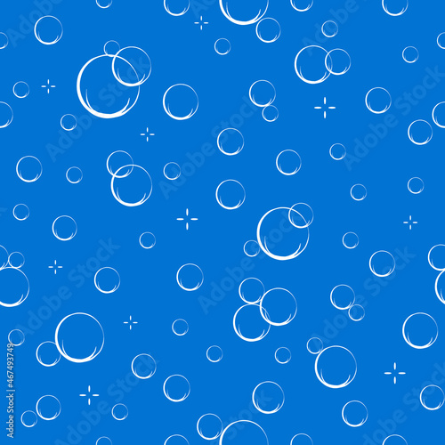 Cartoon soap bubbles seamless pattern. Effervescent oxygen bubbles, bath suds, fizzy soda or drink. Hand drawn vector illustration.
