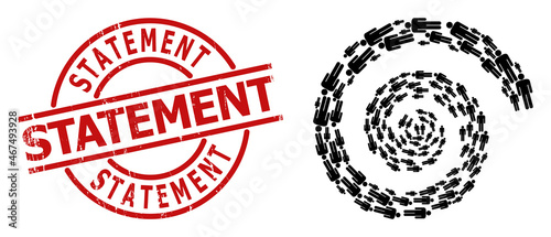 Man figure icon spiral spin mosaic, and Statement scratched stamp imitation. Man figure icons are organized into cycle mosaic structure. Red stamp includes Statement caption inside circle shape.