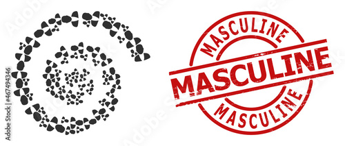 Guy person icon spiral composition, and MASCULINE unclean stamp print. Guy person signs are formed into cycle vector illustration. Red stamp seal contains Masculine text inside round shape.