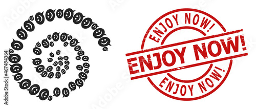 Happy message icon spiral spin collage, and ENJOY NOW! corroded stamp. Happy message elements are composed into whirlpool vector illustration.
