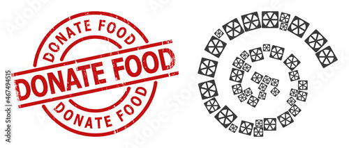 Pizza box icon spiral twist collage, and Donate Food rubber seal. Pizza box symbols are united into twist mosaic structure. Red stamp seal includes Donate Food text inside round shape.
