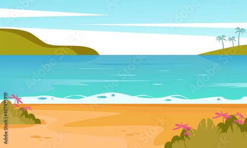 Tropical lagoon with islands landscape. Natural resort with blue ocean surf and yellow sandy beach with plants colorful decoration with clouds for relaxation and travel. Vector cartoon illustration.