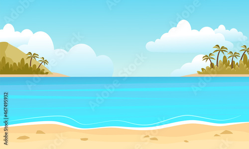 Fototapeta Naklejka Na Ścianę i Meble -  Colorful tropical beach with sea lagoon landscape. Yellow sand with stones and islands with palm trees on horizon and blue sky with clouds exciting travel and summer tourism. Seaside cartoon vector.