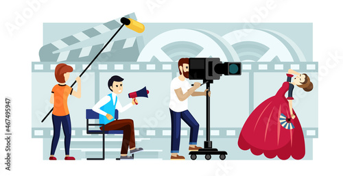 Filming movie scene illustration. Action setup by operator and backlight in special scenery with film director and cameraman filming scene with medieval theme. Vector filmmaking cartoon.