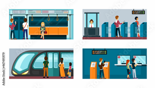 People in subway illustration set. Male and female characters pass through turnstile and await arrival of train buy tickets at box office and study online maps train route. Vector cartoon travel.
