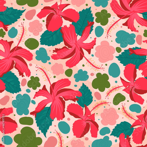 Seamless pattern of china rose hibiscus rosa sinensis with vibrant colors. Useful for cloths, sheets, wallcovering, apparel, furniture and other interior decoration.