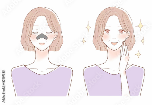 鼻パックをする中年女性のビフォーアフター