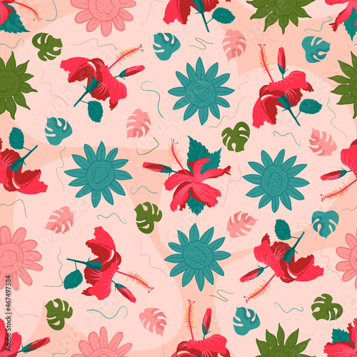Colorful hibiscus flowery symmetric artwork tile for linen fabrics, interior redecoration, toggery, curtain, bolster with allover continuous pattern.