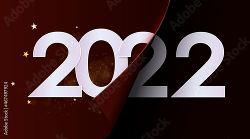 Happy New Year 2022 winter holiday greeting card design template. End of 2021 and beginning of 2022. The concept of the beginning of the New Year. The calendar page turns over and the new year begins.