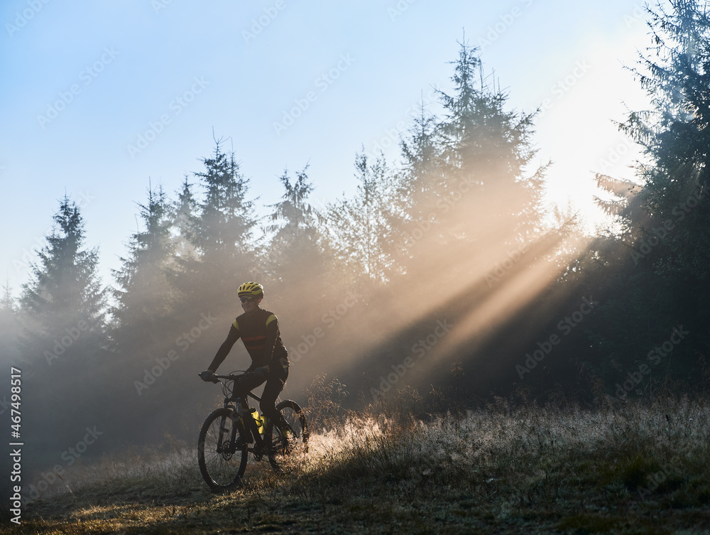 Man cyclist in cycling suit riding bicycle near forest illuminated by morning sunlight. Bicyclist cycling on grassy hill in the morning. Concept of sport, bicycling and active leisure. Man cyclist in cycling suit riding bicycle near forest illuminated by morning sunlight. Bicyclist cycling on grassy hill in the morning. Concept of sport, bicycling and active leisure.