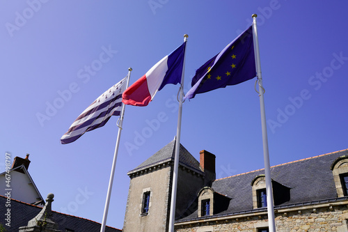 french Brittany Breton and europe flags in france