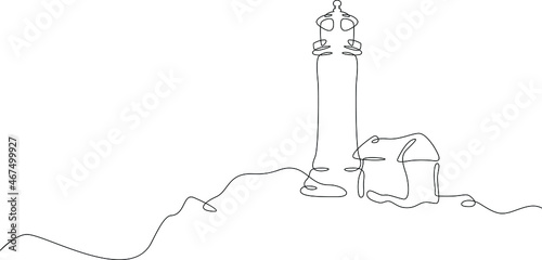Lighthouse on the coast.Set of sea ocean elements.One continuous line .One continuous drawing line logo isolated minimal illustration.